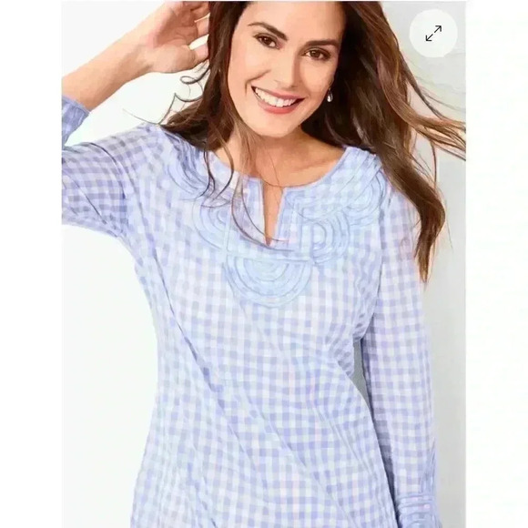 TALBOT'S EMBROIDERED GINGHAM LAVENDER/WHITE POPOVER SIZE XL - Picture 1 of 8